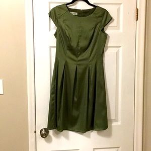 Olive green satin cocktail length dress